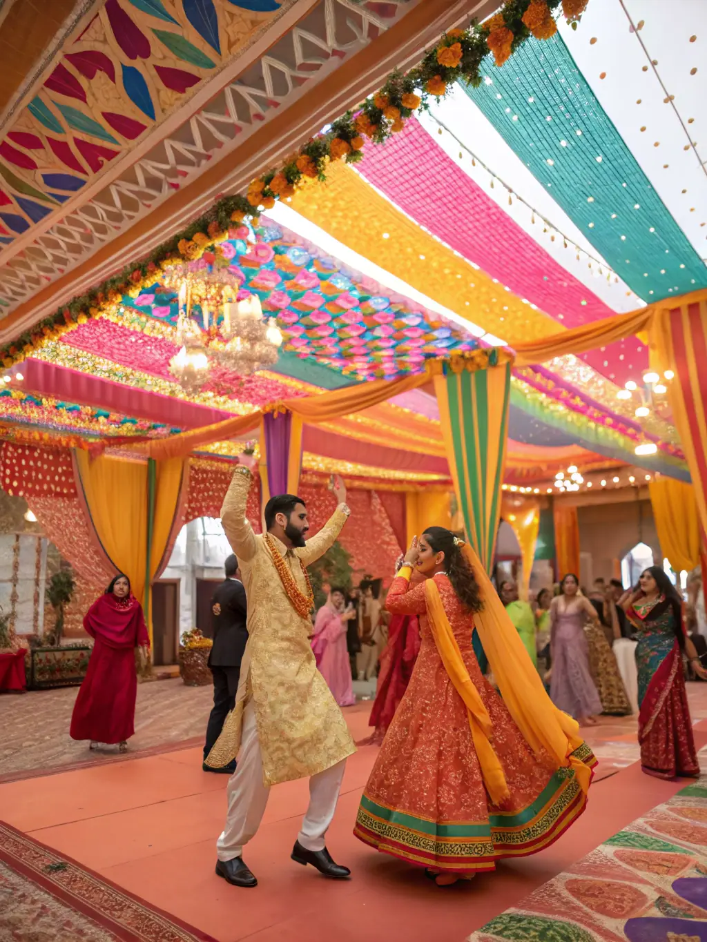 A wide-angle photograph of a beautifully decorated, spacious indoor event hall with Diwali lanterns, rangoli patterns, and festive lighting, filled with people enjoying the celebration.