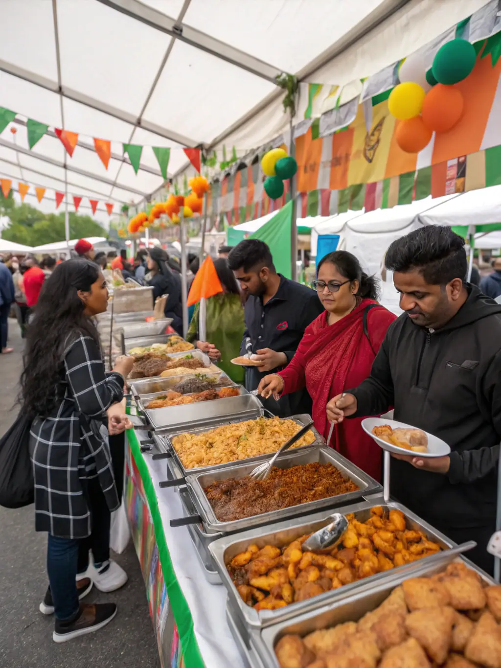 A bustling Indian food stall at Diwali Utsav, with colorful decorations, traditional dishes like samosas and sweets, and families enjoying festive treats under bright lights.