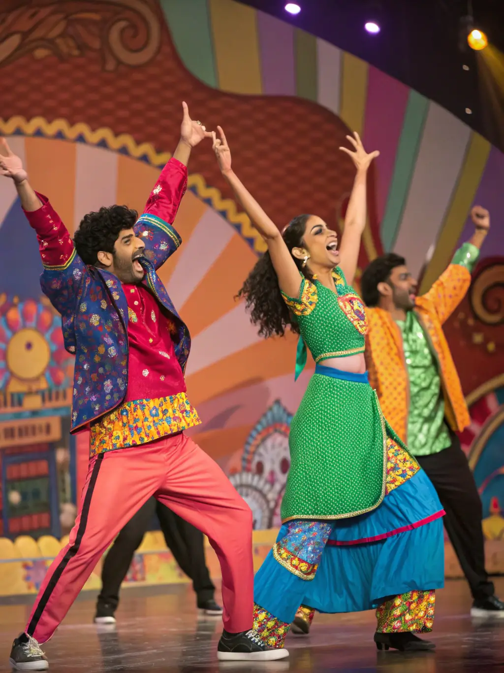 A dynamic Bollywood dance performance on stage, with dancers in colorful costumes, energetic poses, and dramatic lighting capturing the excitement.