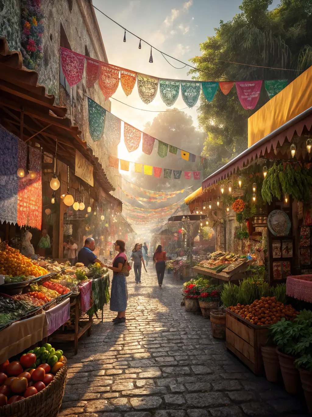 A bustling row of decorated stalls offering Indian street food, jewelry, and traditional clothing, with visitors browsing and sampling festive treats.